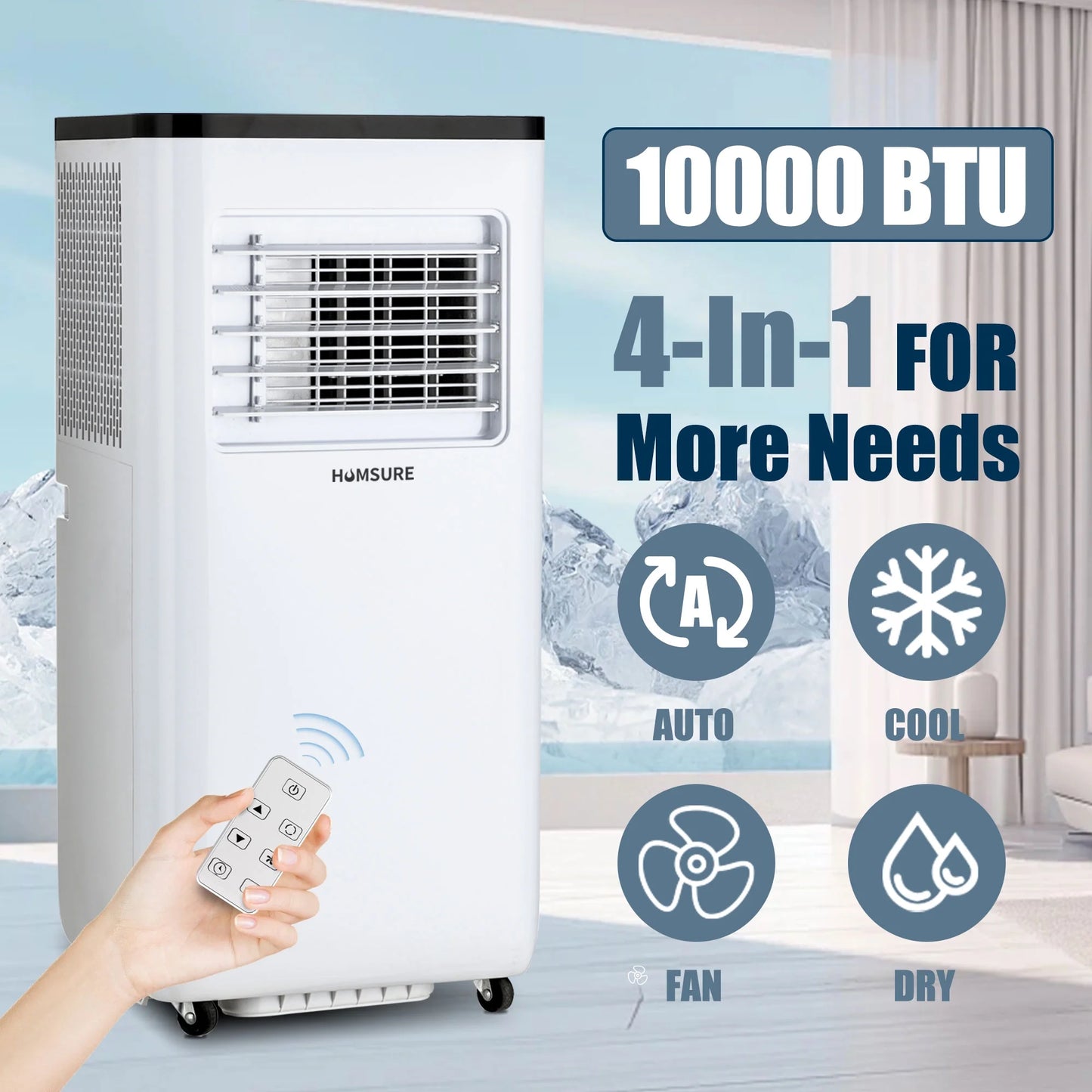 Portable Air Conditioners 10000 BTU ASHRAE (6500 BTU DOE), Room Air Conditioning, Portable AC Unit with Remote Control, Cooling, Dehumidifier and Fan, Automatic, Sleep 5 Mode Floor AC