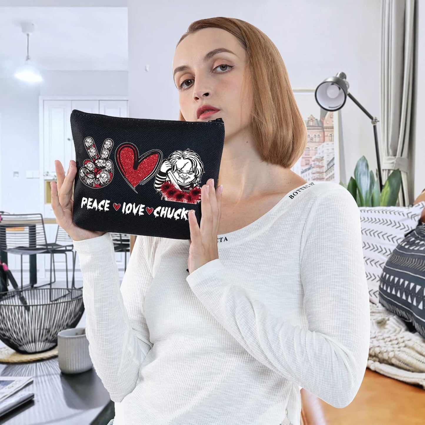 Chucky Fans Cosmetic Bag Chucky Inspired Gift Peace Love Chucky Makeup Zipper Pouch Bag Horror Movie Merchandise (Peace Chucky)