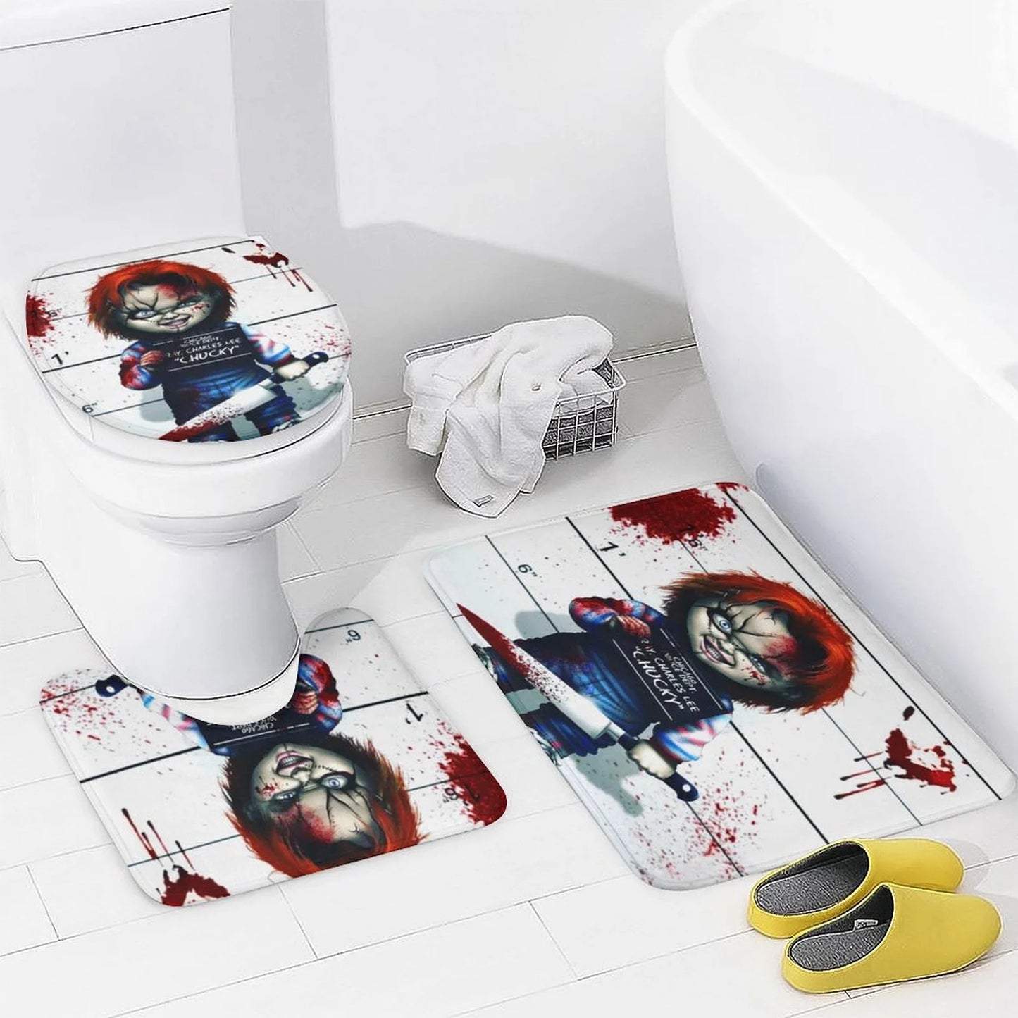 4PCS Bride of Chucky Shower Curtain Sets Bathroom Sets with Shower Curtain Toilet Lid Rug Contour Mat and Bath Mat