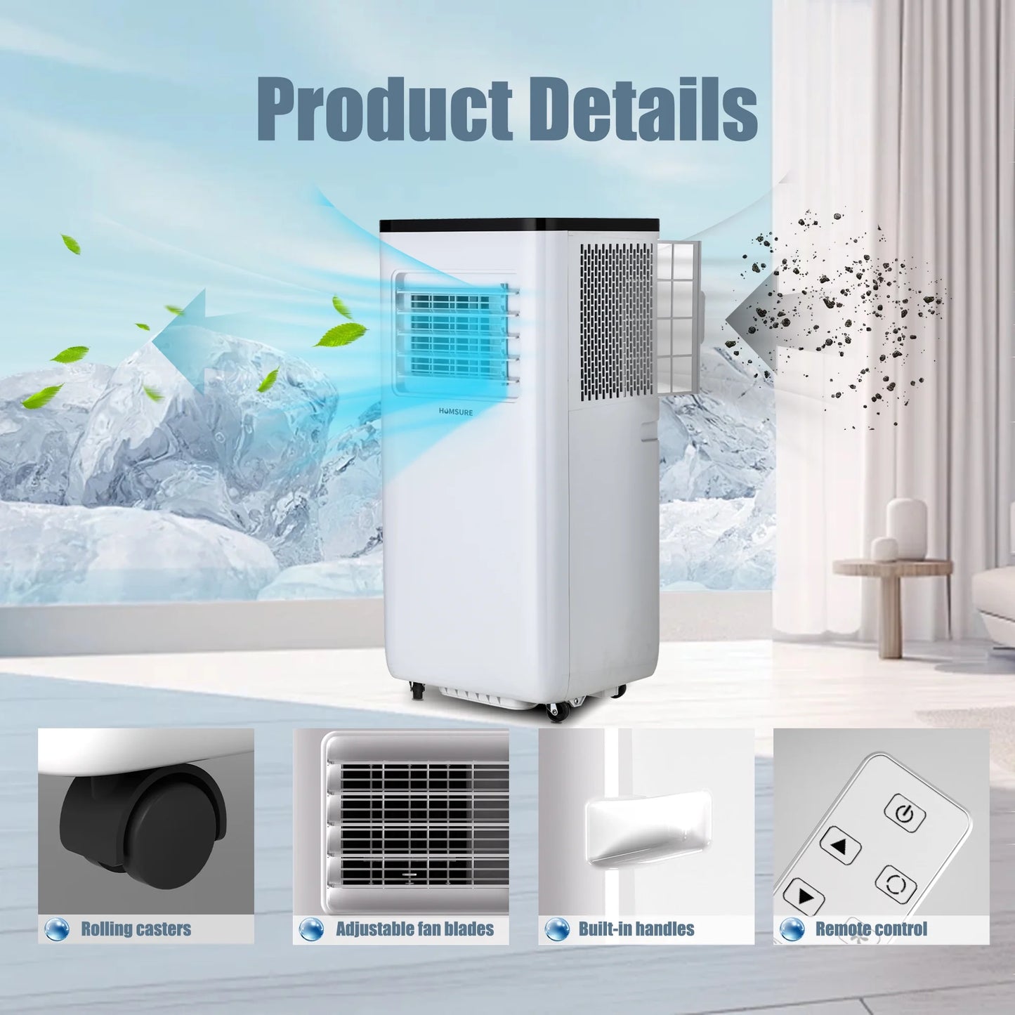 Portable Air Conditioners 10000 BTU ASHRAE (6500 BTU DOE), Room Air Conditioning, Portable AC Unit with Remote Control, Cooling, Dehumidifier and Fan, Automatic, Sleep 5 Mode Floor AC