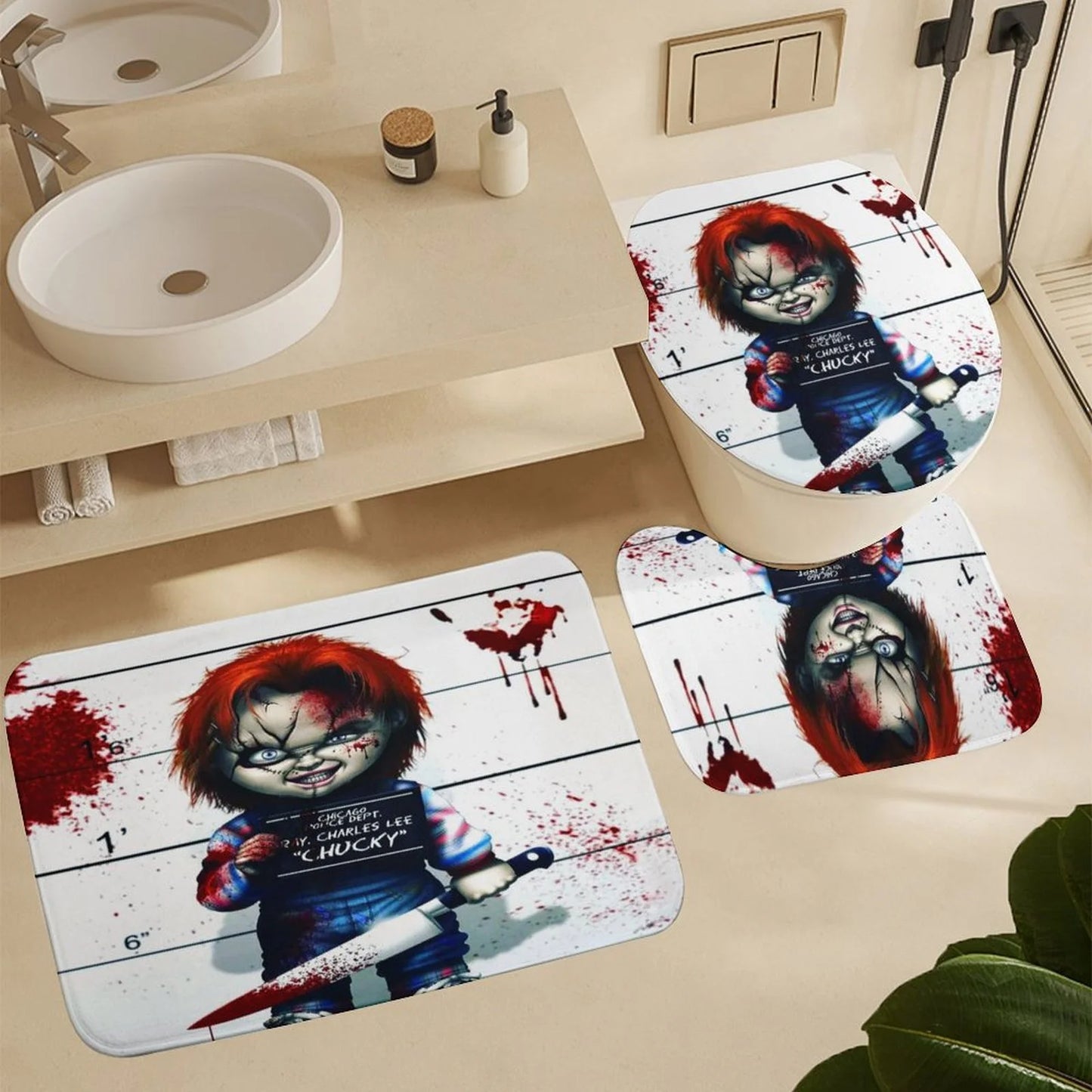 4PCS Bride of Chucky Shower Curtain Sets Bathroom Sets with Shower Curtain Toilet Lid Rug Contour Mat and Bath Mat
