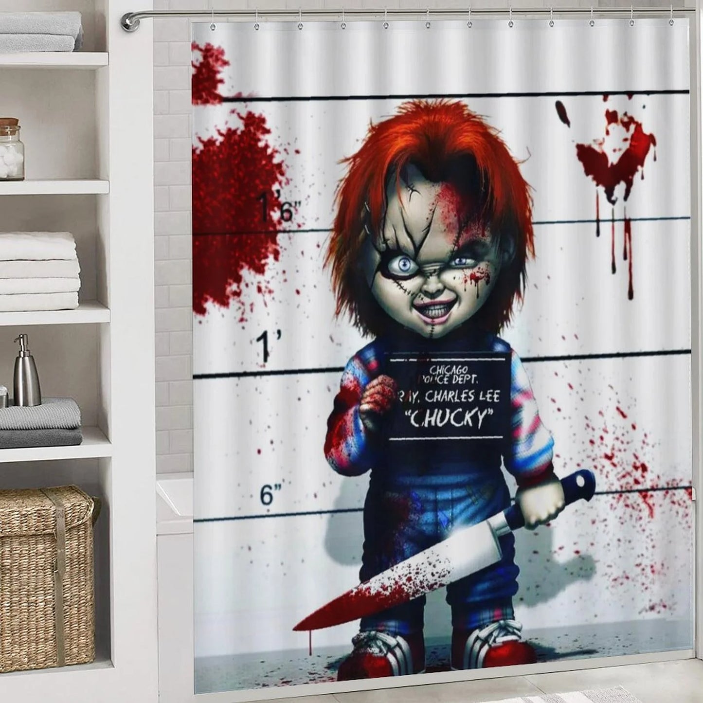 4PCS Bride of Chucky Shower Curtain Sets Bathroom Sets with Shower Curtain Toilet Lid Rug Contour Mat and Bath Mat