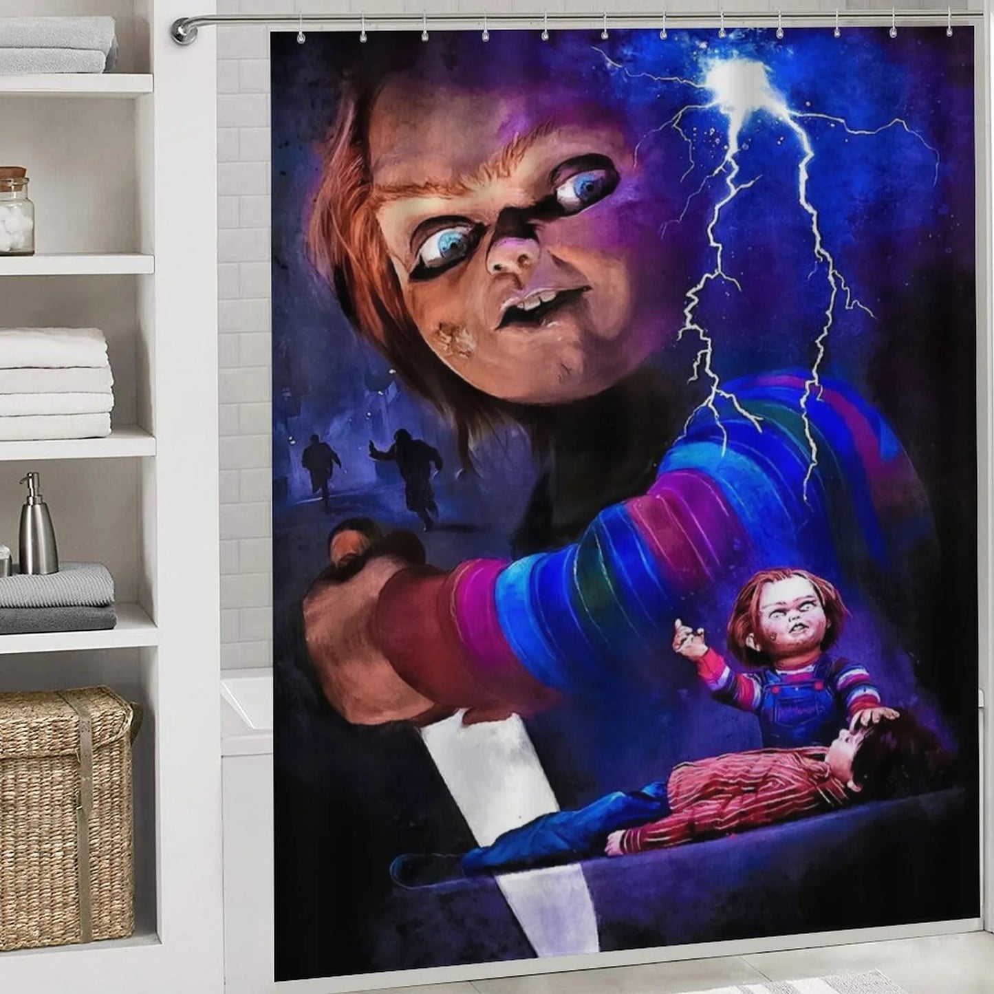 4PCS Bride of Chucky Shower Curtain Sets Bathroom Sets with Shower Curtain Toilet Lid Rug Contour Mat and Bath Mat