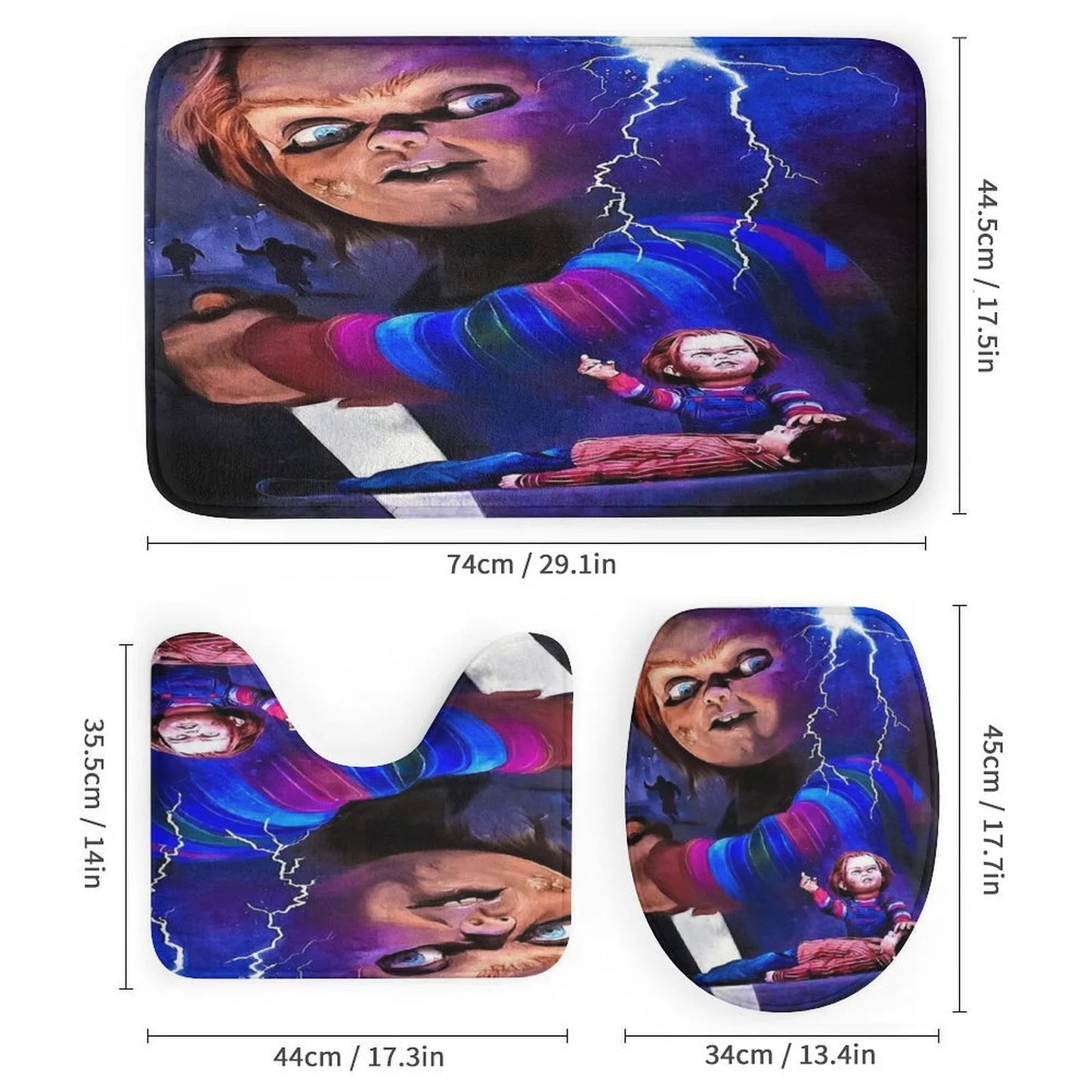 4PCS Bride of Chucky Shower Curtain Sets Bathroom Sets with Shower Curtain Toilet Lid Rug Contour Mat and Bath Mat
