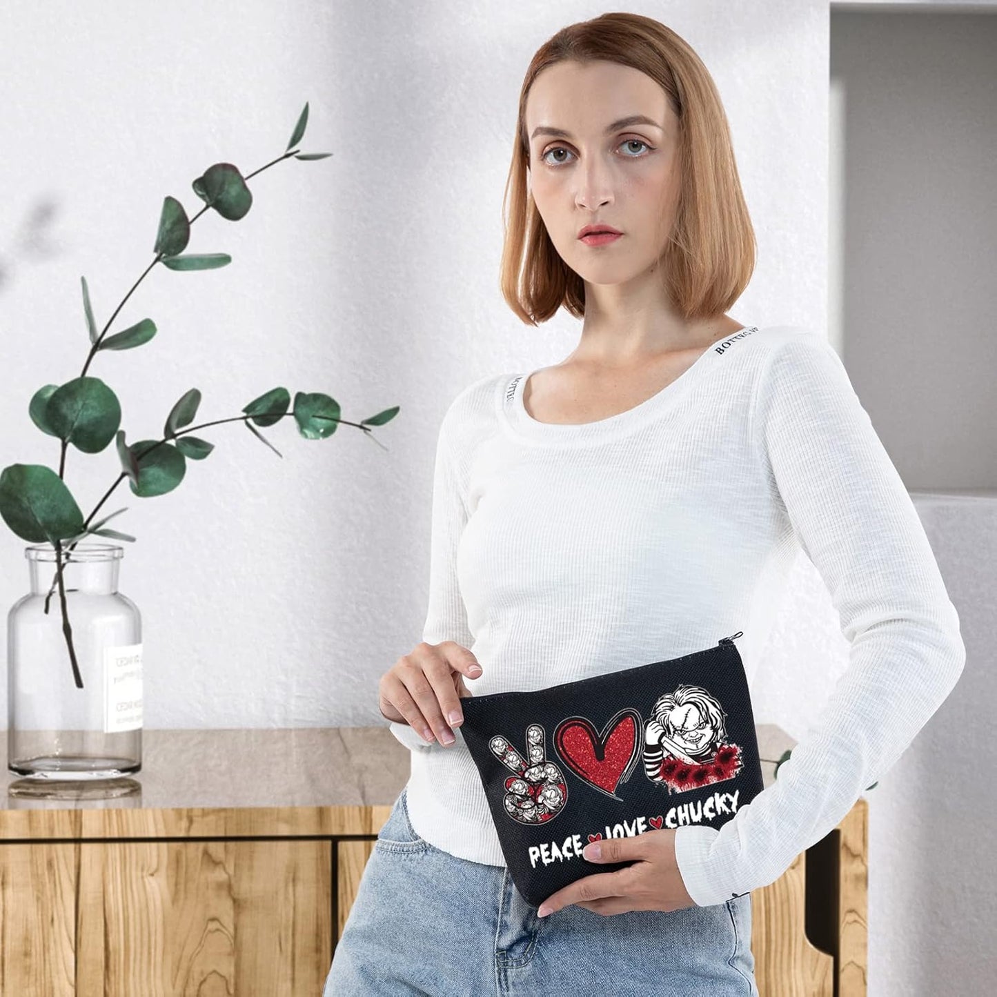 Chucky Fans Cosmetic Bag Chucky Inspired Gift Peace Love Chucky Makeup Zipper Pouch Bag Horror Movie Merchandise (Peace Chucky)