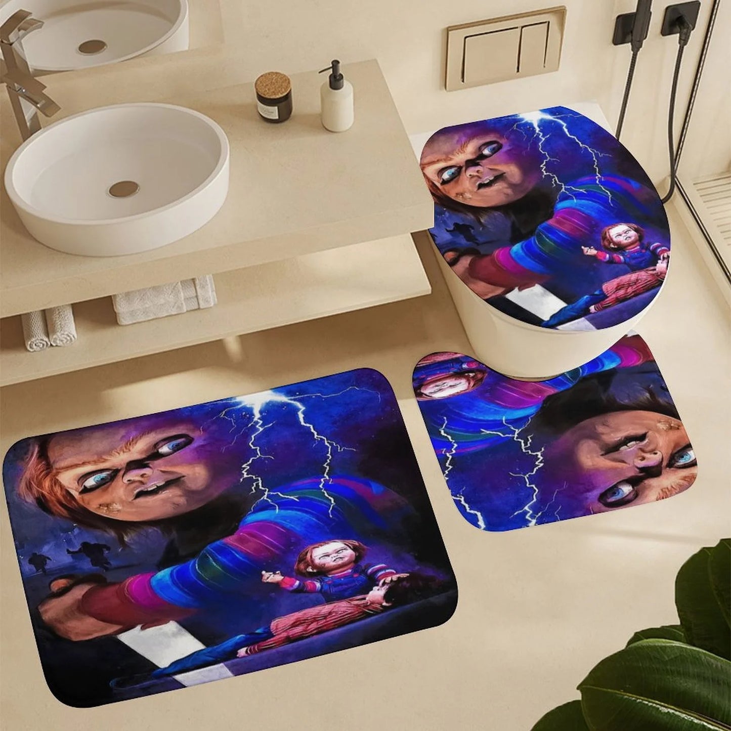 4PCS Bride of Chucky Shower Curtain Sets Bathroom Sets with Shower Curtain Toilet Lid Rug Contour Mat and Bath Mat