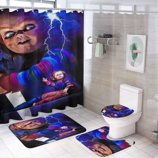 4PCS Bride of Chucky Shower Curtain Sets Bathroom Sets with Shower Curtain Toilet Lid Rug Contour Mat and Bath Mat