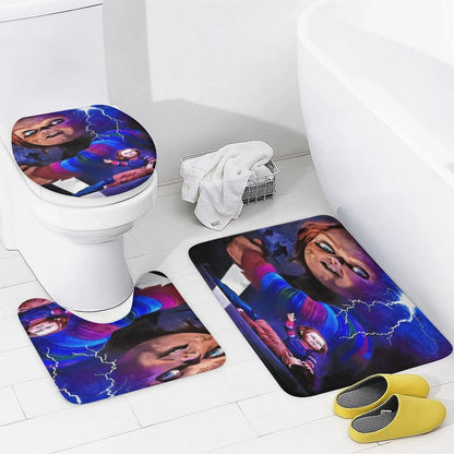 4PCS Bride of Chucky Shower Curtain Sets Bathroom Sets with Shower Curtain Toilet Lid Rug Contour Mat and Bath Mat