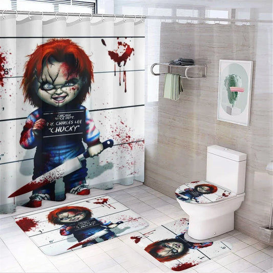 4PCS Bride of Chucky Shower Curtain Sets Bathroom Sets with Shower Curtain Toilet Lid Rug Contour Mat and Bath Mat