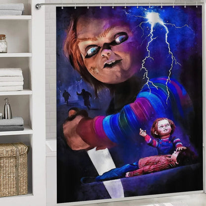 4PCS Bride of Chucky Shower Curtain Sets Bathroom Sets with Shower Curtain Toilet Lid Rug Contour Mat and Bath Mat